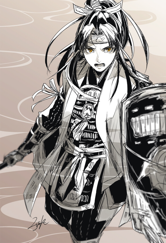 1boy, armor, brown_background, cowboy_shot, gauntlets, grimms_notes, holding, holding_polearm