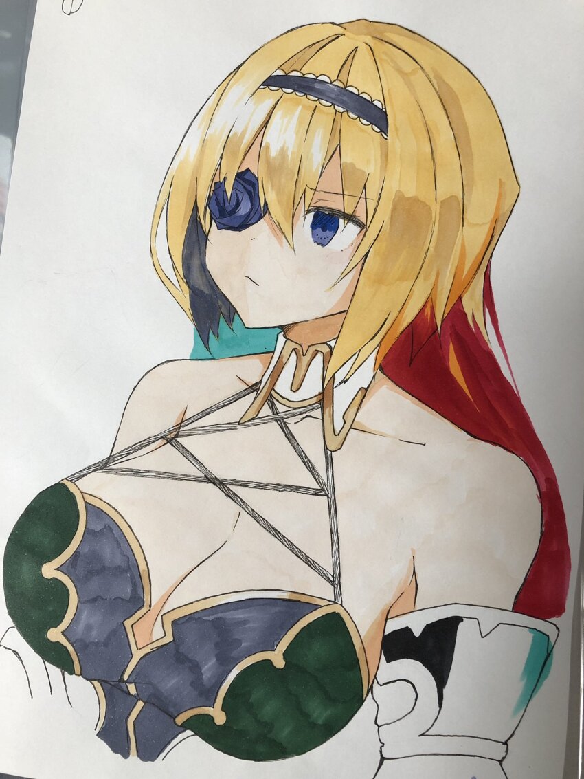 1girl, aqua_hair, bare_shoulders, blonde_hair, blue_eyes, blue_flower, blue_rose, breasts, chaos_jeanne_(grimms_notes), cleavage, closed_mouth, collar, detached_sleeves, flower, grimms_notes, hair_over_one_eye, highres, iumi_urura, large_breasts, multicolored_hair, red_hair, rose, solo, source_request, traditional_media, white_collar