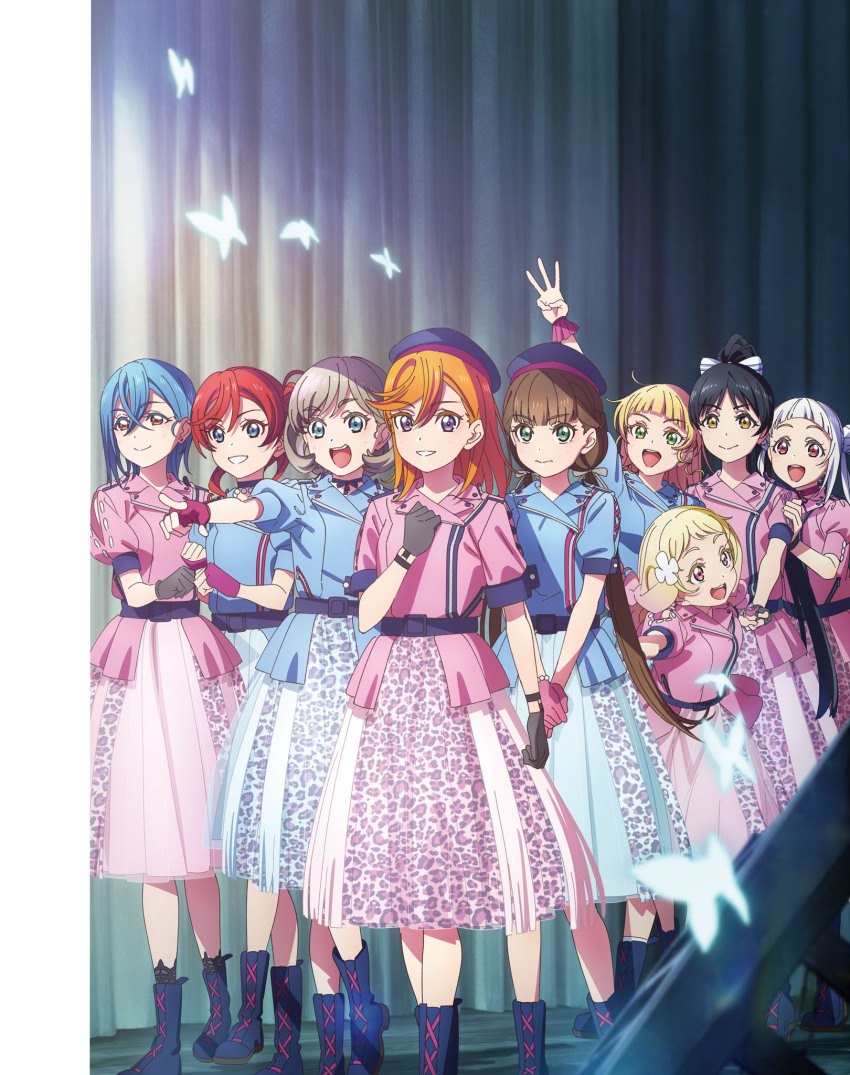 6+girls, arashi_chisato, artbook, beret, black_gloves, black_hair, blonde_hair, blue_eyes