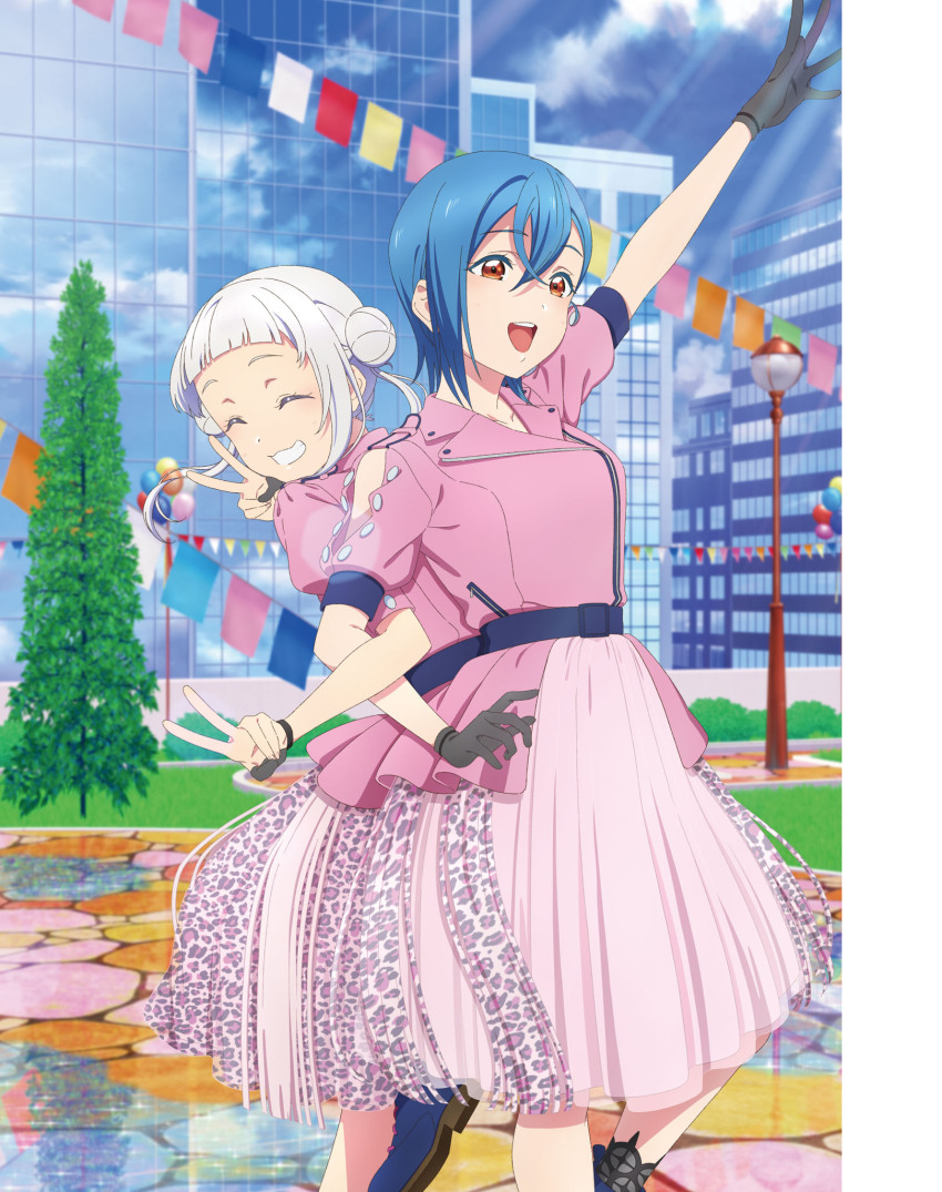 2girls, arashi_chisato, artbook, belt, black_gloves, blue_belt, blue_hair, boots