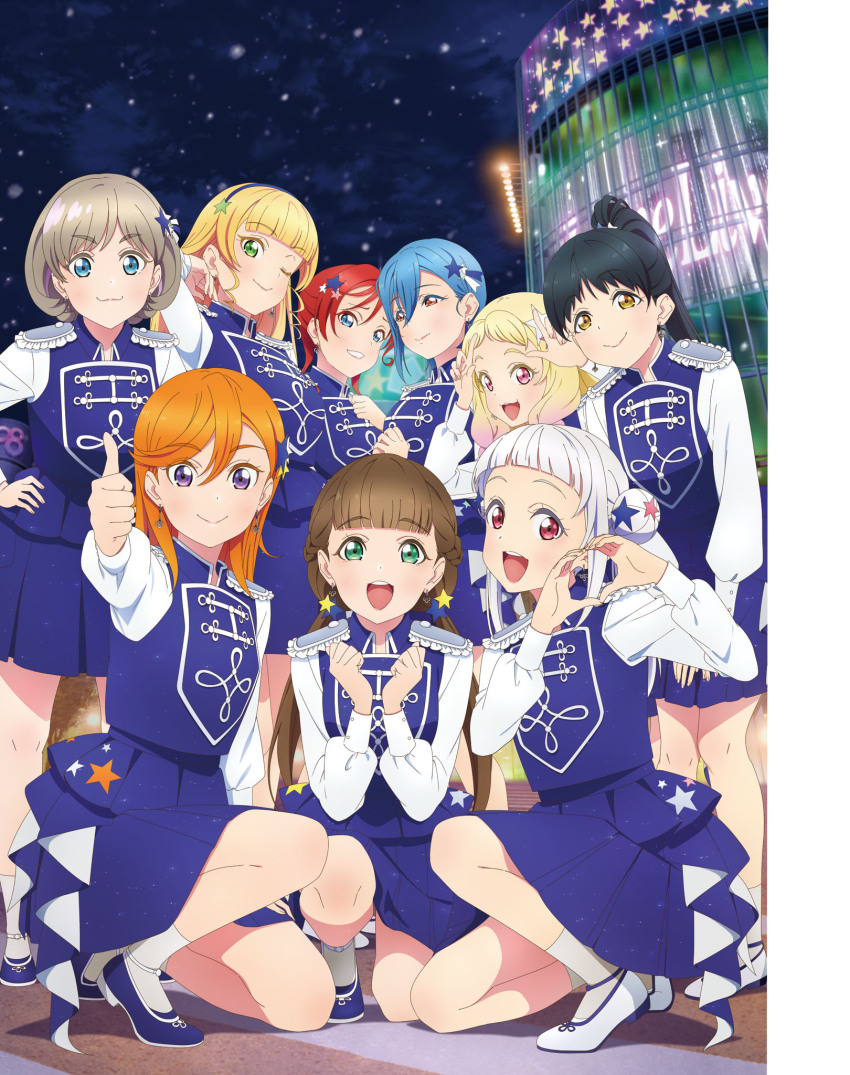6+girls, arashi_chisato, artbook, black_hair, blonde_hair, blue_dress, blue_eyes, blue_hair, braid, brown_hair, double_bun, dress, earrings, epaulettes, green_eyes, grey_hair, hair_between_eyes, hair_bun, hair_ornament, hairband, hazuki_ren, heanna_sumire, highres, jewelry, long_hair, long_sleeves, looking_at_viewer, love_live!, love_live!_superstar!!, medium_hair, multiple_girls, night, non-web_source, official_alternate_costume, official_art, on_one_knee, one_eye_closed, onitsuka_natsumi, orange_eyes, orange_hair, pink_eyes, ponytail, purple_eyes, red_eyes, red_hair, sakurakoji_kinako, shibuya_kanon, shoes, short_hair, sing!_shine!_smile!, sky, smile, squatting, standing, star_(symbol), tang_keke, twintails, wakana_shiki, white_hair, yellow_eyes, yoneme_mei