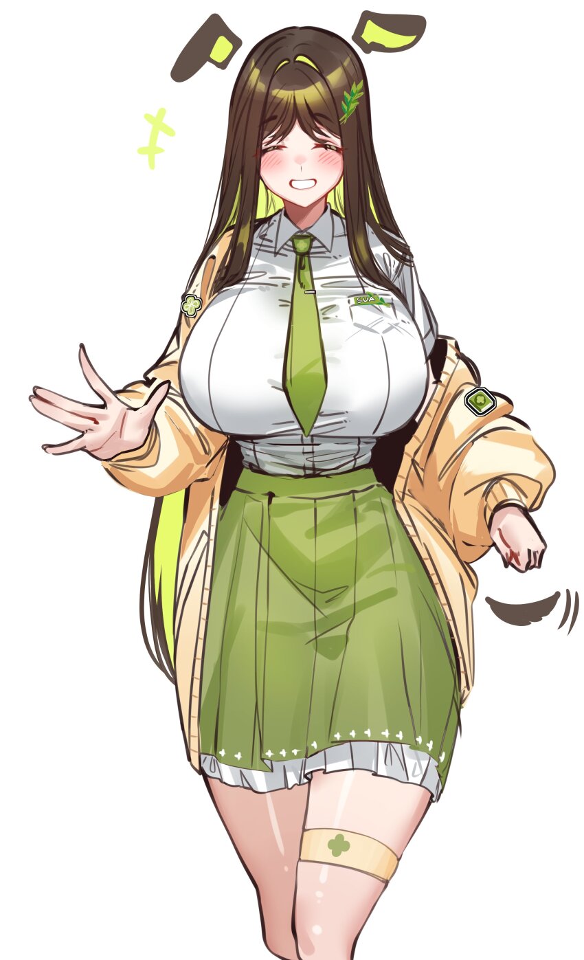 1girl, absurdres, black_survival, breasts, brown_hair, cardigan, casual, eternal_return:_black_survival