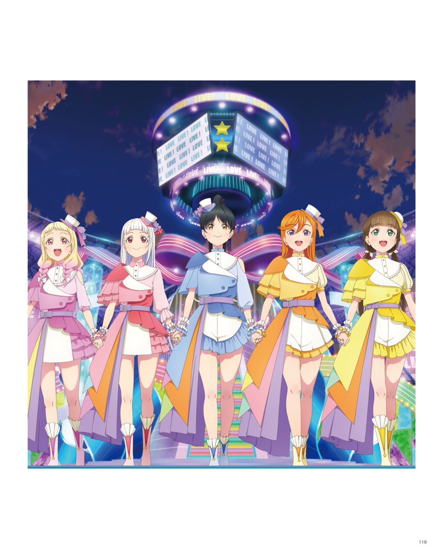 5girls, arashi_chisato, artbook, belt, black_hair, blonde_hair, boots, brown_hair