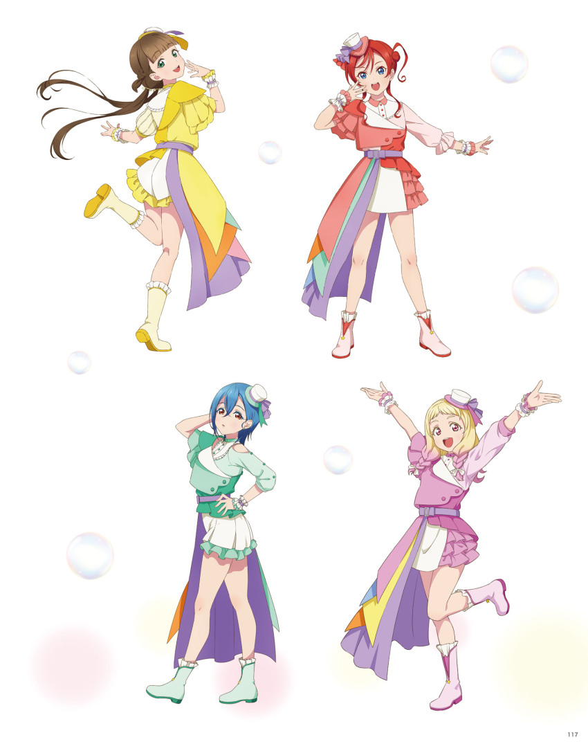 4girls, artbook, belt, blonde_hair, blue_eyes, blue_hair, boots, brown_hair, bubble, dress, full_body, green_eyes, hair_between_eyes, hair_bun, hat, highres, idol, liella!_second_generation, long_hair, looking_at_viewer, love_live!, love_live!_superstar!!, mini_hat, mirai_no_oto_ga_kikoeru, multiple_girls, non-web_source, official_alternate_costume, official_art, onitsuka_natsumi, open_mouth, orange_eyes, pink_eyes, purple_belt, red_hair, sakurakoji_kinako, short_hair, skirt, smile, standing, twintails, wakana_shiki, white_background, yoneme_mei