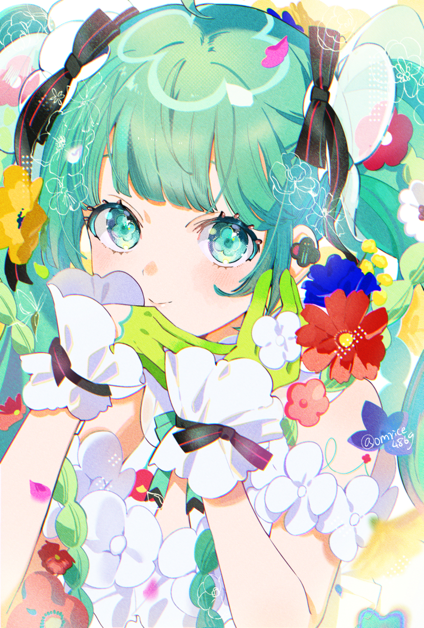 1girl, blue_flower, commentary_request, dress, earphones, flower, flower-shaped_pupils, gloves