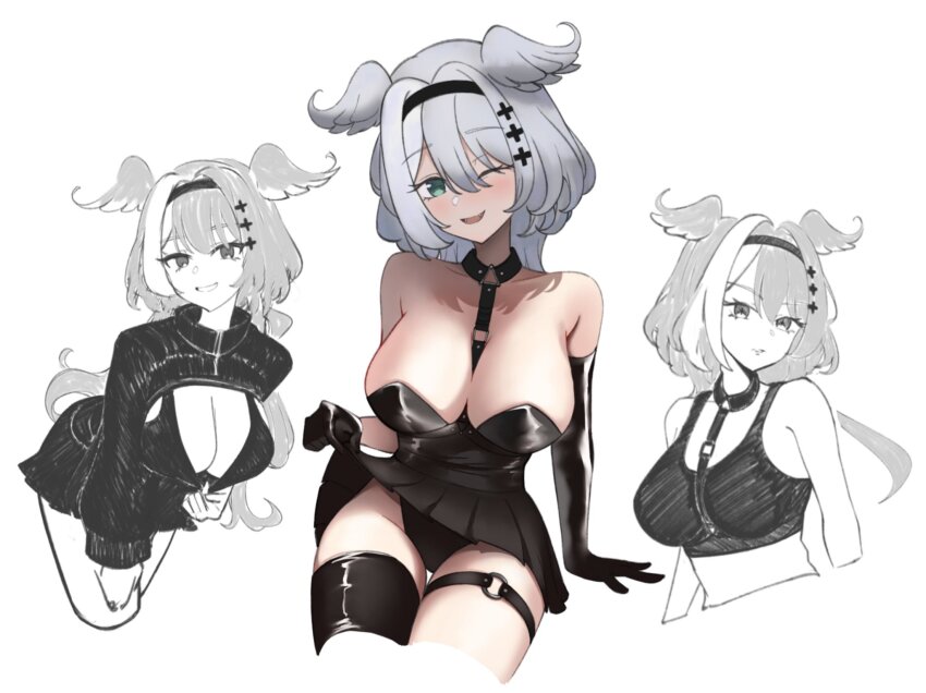 1girl, :d, aqua_eyes, armpit_crease, bare_shoulders, black_hairband, blush, breasts, chest_harness, clothes_lift, clothes_pull, elbow_gloves, elira_pendora, elira_pendora_(goth), fangs, gloves, grey_hair, grin, hairband, harness, head_wings, highres, j.d._thunderhawk, large_breasts, long_hair, looking_at_viewer, multiple_views, nijisanji, nijisanji_en, o-ring, o-ring_thigh_strap, one_eye_closed, open_mouth, shirt_pull, single_elbow_glove, sitting, skirt, skirt_lift, smile, thigh_gap, thigh_strap, virtual_youtuber, wings