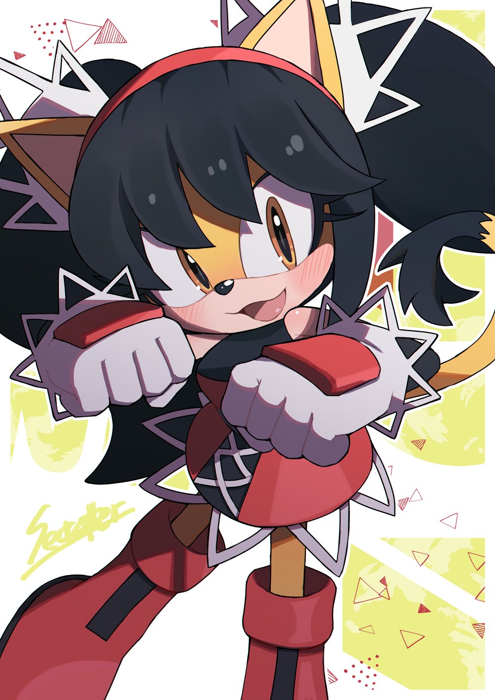 1girl, animal_ears, black_hair, blush, boots, cat_ears, cat_tail, commission