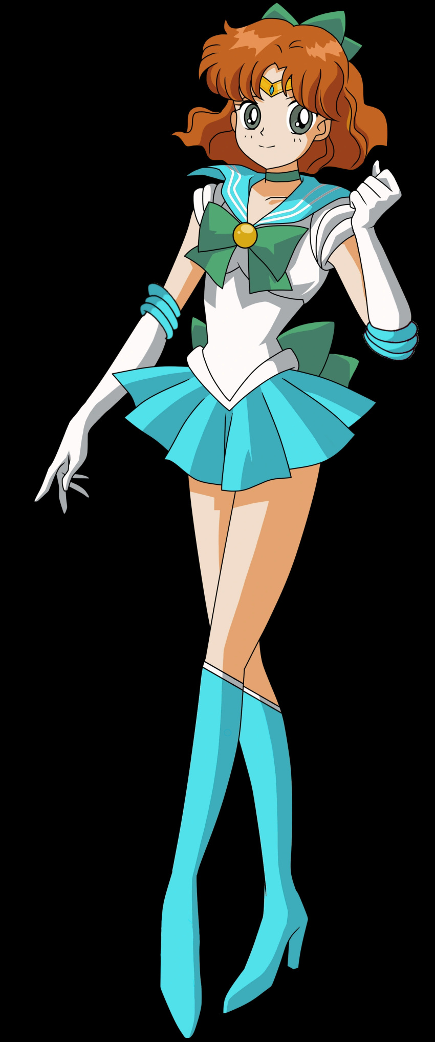 1girl, absurdres, bishoujo_senshi_sailor_moon, boots, bow, brown_hair, green_eyes, high_heel_boots, high_heels, highres, oosaka_naru, osaka_naru, ribbon, sailor_earth, sailor_senshi_uniform, solo, tiara