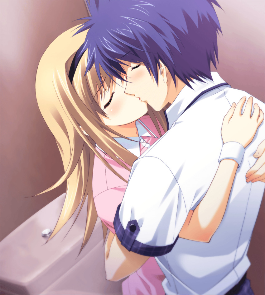 1boy, 1girl, armband, bathroom, blue_hair, blush, brother_and_sister, buttons, chaos;head, chaos;head_love_chu_chu!, closed_eyes, collared_shirt, couple, eye_contact, facing_another, fingernails, game_cg, height_difference, highres, hug, incest, kiss, long_hair, long_sidelocks, looking_at_another, matsuo_yukihiro, messy_hair, nishijou_nanami, nishijou_takumi, non-web_source, official_art, pants, pink_lips, pink_shirt, plaid_clothes, plaid_pants, polo_shirt, purple_pants, purple_sleeves, pursed_lips, school_uniform, science_adventure, shiny_lips, shiny_skin, shirt, short_hair, short_sleeves, siblings, sidelocks, sportswear, standing, suimei_academy_school_uniform, suimei_school_uniform, summer_uniform, tennis_uniform, toilet, white_shirt