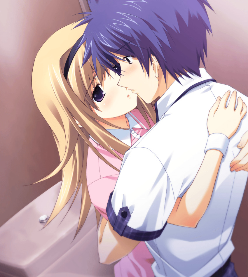 1boy, 1girl, armband, bathroom, blue_hair, blush, brother_and_sister, brown_eyes