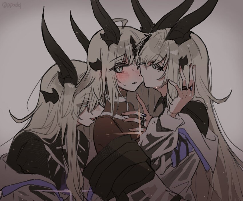 3girls, arknights, black_shirt, blush, brown_hair, clone, dragon_horns, hand_on_another's_head