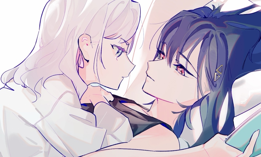 2girls, bare_shoulders, black_hair, black_tank_top, blue_eyes, ceras_yanagida_lilienfeld, ceras_yanagida_lilienfeld_(summer_loungewear), closed_mouth