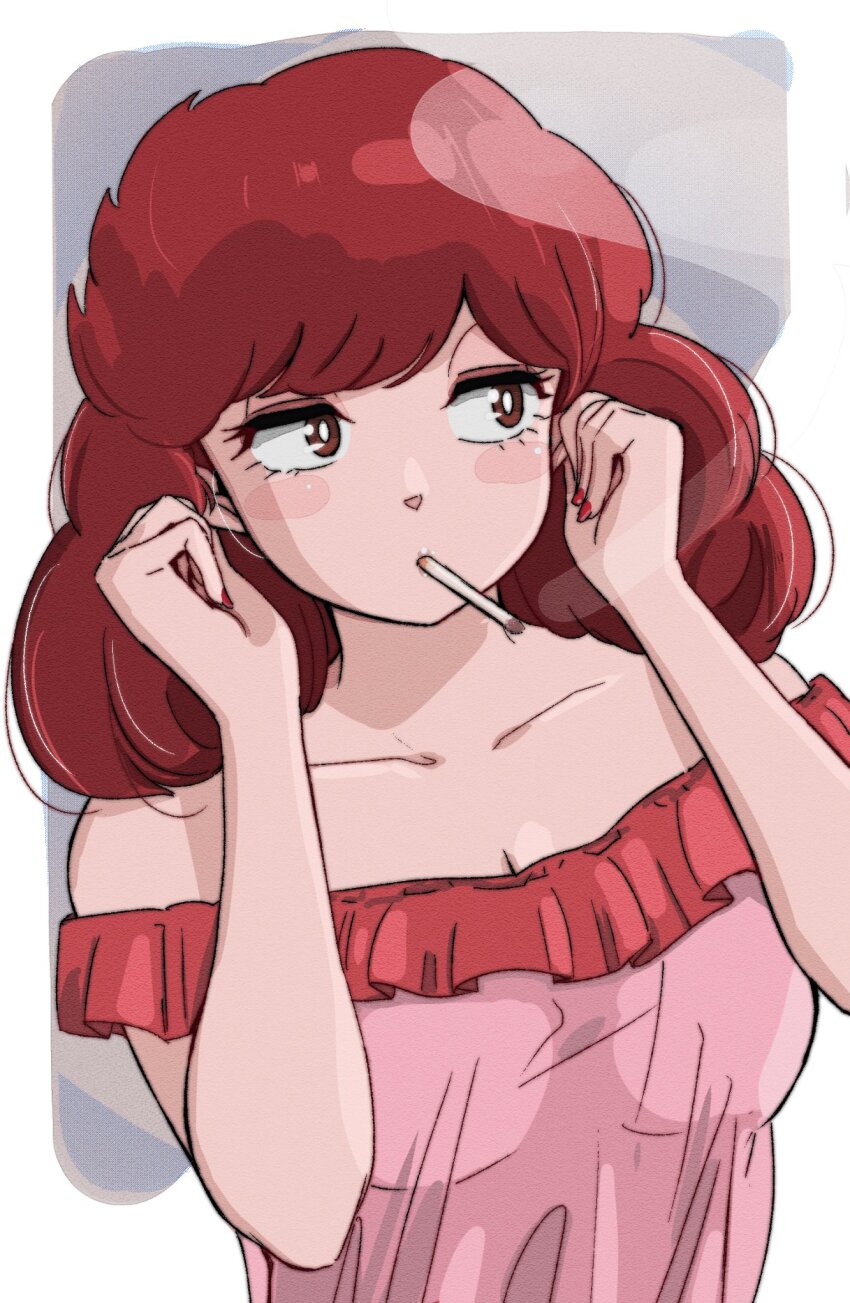 bare_shoulders, blush, breasts, brown_eyes, cigarette, grey_background, highres, maison_ikkoku, medium_breasts, nightgown, pink_nightgown, poppowerhearts, red_hair, roppongi_akemi, smoke