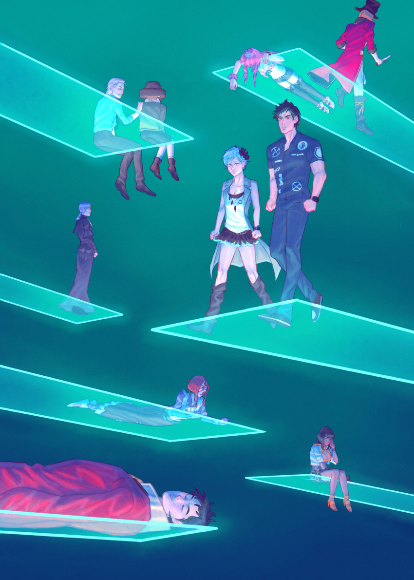 5boys, 5girls, absurdres, alice_(kyokugen_dasshutsu), anarchy_symbol, android, black_boots, black_flower