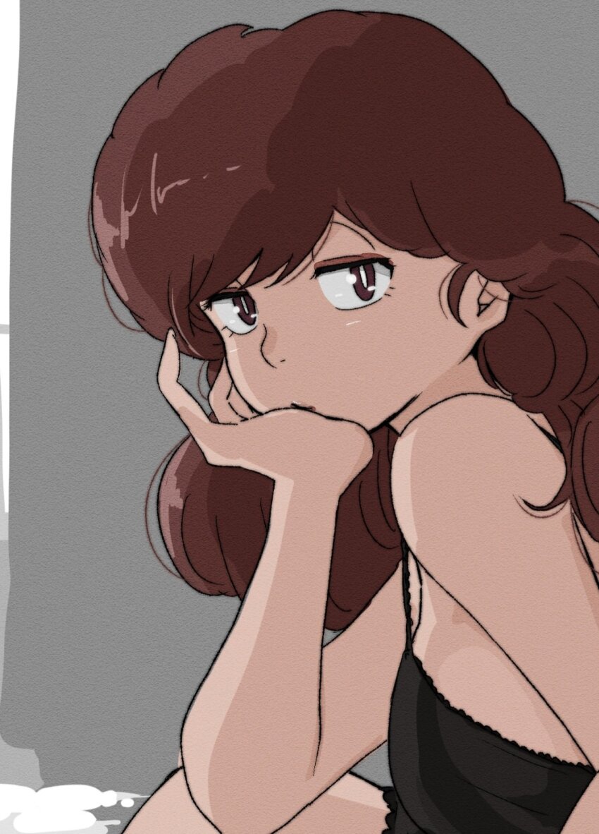 bare_shoulders, black_bra, bra, breasts, brown_eyes, grey_background, hand_on_own_chin, highres