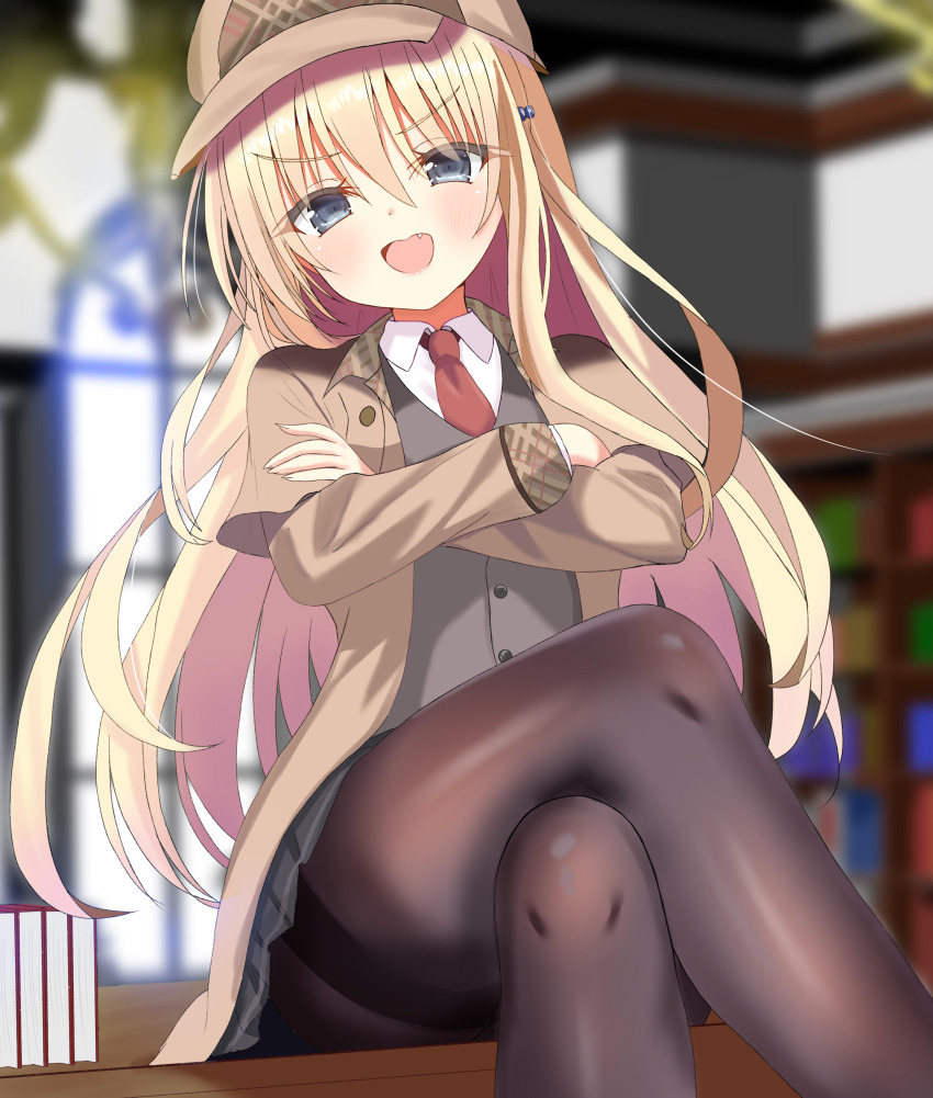 1girl, 2025, :d, absurdres, black_pantyhose, blonde_hair, blurry, blurry_background