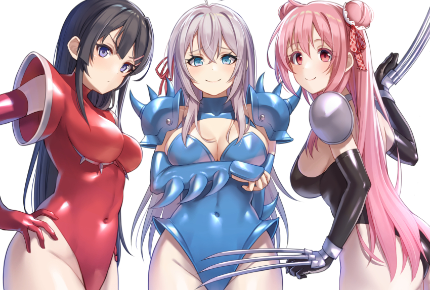 3girls, alisa_mikhailovna_kujou, arm_under_breasts, ass, black_gloves, black_hair, black_leotard, blue_eyes, blue_gloves, blue_leotard, blush, breasts, claw_(weapon), cleavage, closed_mouth, commission, covered_navel, double_bun, from_side, gloves, grey_hair, groin, hair_between_eyes, hair_bun, hand_on_own_hip, happy_sugar_life, highres, large_breasts, leotard, lips, long_hair, looking_at_viewer, matsuzaka_satou, multiple_girls, pauldrons, pink_hair, pixiv_commission, red_eyes, red_gloves, red_leotard, sakurajima_mai, seishun_buta_yarou, shiraha_(shiraha_0129), sideboob, simple_background, smile, spiked_gloves, spiked_pauldrons, spikes, tokidoki_bosotto_roshia-go_de_dereru_tonari_no_alya-san, very_long_hair, weapon, white_background
