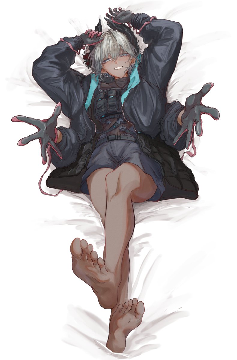 1girl, arknights, arms_up, barefoot, bird_girl, black_feathers, black_gloves, black_jacket, dark-skinned_female, dark_skin, extra_arms, feather_hair, feathers, feet, full_body, gloves, grey_eyes, grey_hair, half-closed_eyes, head_wings, highres, jacket, knm_kamakura, long_sleeves, open_clothes, open_jacket, outstretched_arms, pink_gloves, raidian_(arknights), smile, soles, solo, thighs, toes, two-tone_gloves, unusually_open_eyes, wings