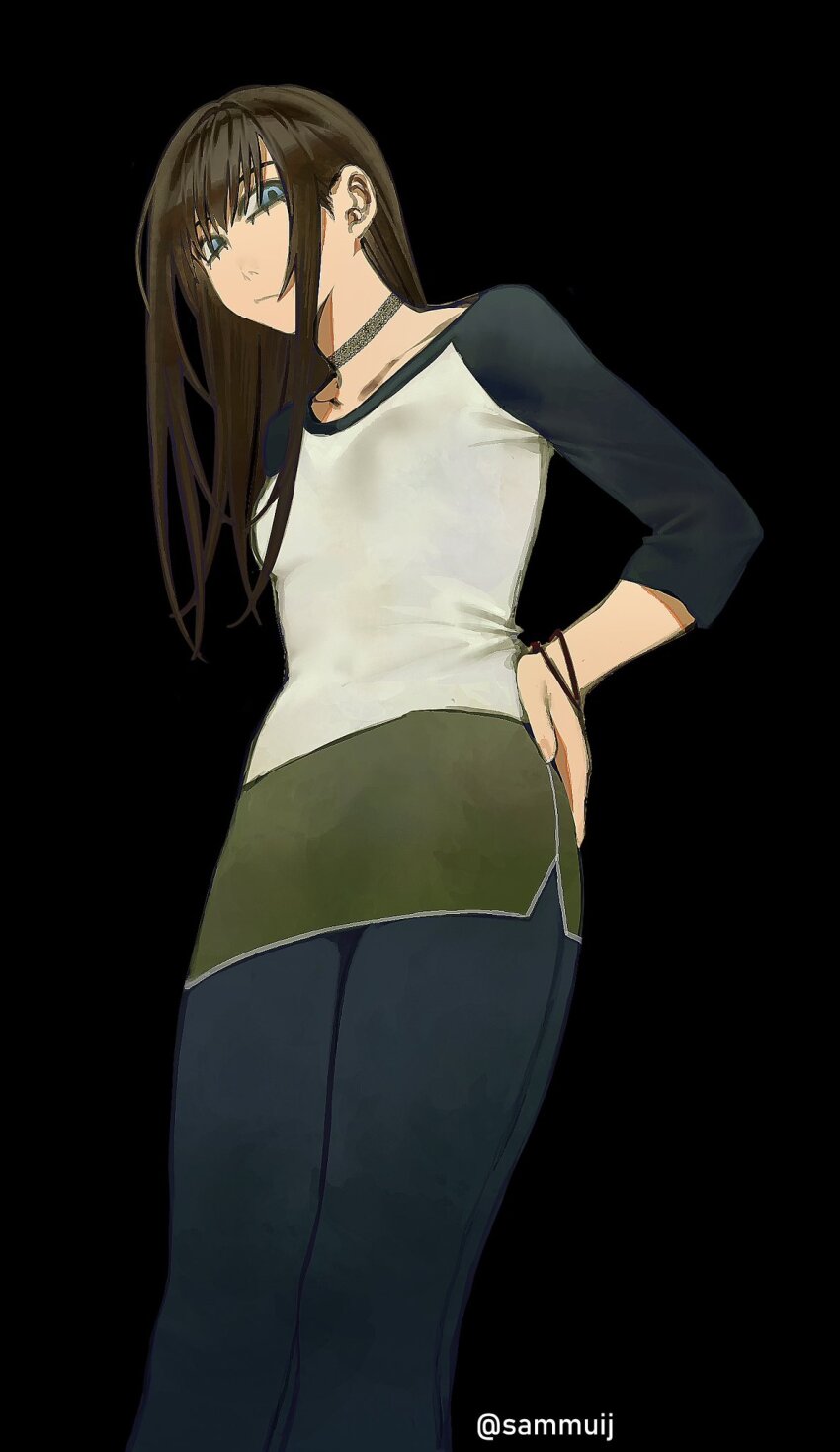 1girl, black_background, black_hair, black_sleeves, blue_eyes, blue_pants, bracelet, chainsaw_man