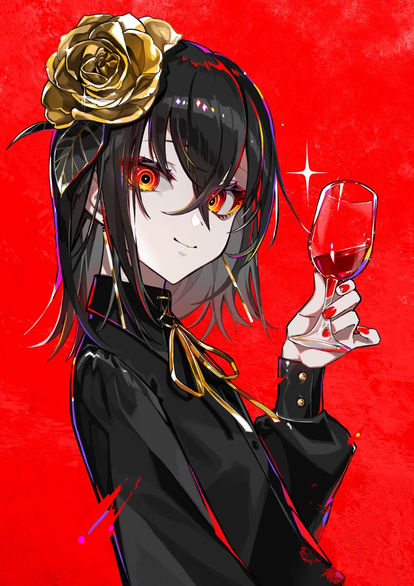 1boy, absurdres, androgynous, black_hair, black_shirt, closed_mouth, collared_shirt, commentary_request, crossed_bangs, cup, drinking_glass, earrings, eyelashes, eyeliner, flower, from_side, gift_art, gold_ribbon, golden_rose, hair_flower, hair_ornament, hand_up, highres, holding, holding_cup, indie_virtual_youtuber, jewelry, kanaria_(vtuber), long_sleeves, looking_at_viewer, makeup, male_focus, medium_hair, multicolored_eyes, neck_ribbon, nou_(nounknown), orange_eyes, red_background, red_eyeliner, red_eyes, red_nails, ribbon, ringed_eyes, second-party_source, shirt, sidelocks, smile, solo, tassel, tassel_earrings, two-tone_eyes, upper_body, virtual_youtuber, wine_glass