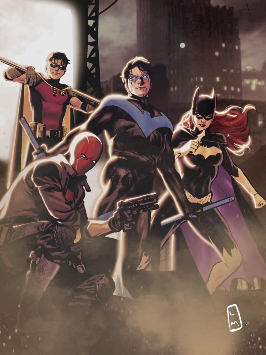 1girl, barbara_gordon, batgirl, batman_(series), batman_symbol, belt, black_bodysuit, black_gloves, black_hair, bodysuit, boots, breasts, brown_jacket, cape, cowl, dc_comics, dick_grayson, domino_mask, dual_wielding, eye_mask, gloves, green_gloves, grey_bodysuit, gun, highres, holding, jacket, jason_todd, lucas_meyer, mask, multicolored_bodysuit, multiple_boys, muscular, muscular_male, nightwing, open_clothes, pants, red_hood_(dc), red_mask, robin_(dc), short_hair, smile, spandex, superhero_costume, taut_bodysuit, tim_drake, two-tone_bodysuit, utility_belt, weapon, western_comics_(style), yellow_cape