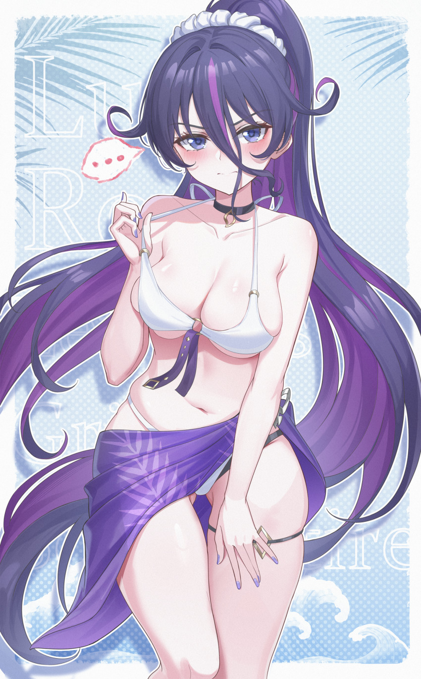 1girl, absurdres, armpit_crease, bikini, black_choker, blush, border, breasts, choker, closed_mouth, collarbone, colored_inner_hair, gluteal_fold, hand_on_own_thigh, highres, large_breasts, long_hair, looking_at_viewer, lucia_rogier, multicolored_hair, nageki_no_bourei_wa_intaishitai, natsugou_shinogi, navel, ponytail, purple_eyes, purple_hair, purple_nails, solo, swimsuit, thigh_strap, v-shaped_eyebrows, very_long_hair, white_bikini, white_border
