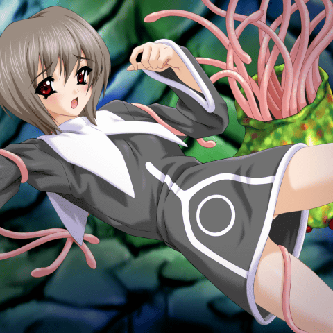 1girl, 2000s_(style), blue_background, blush, brown_hair, commentary_request, dress, grey_dress