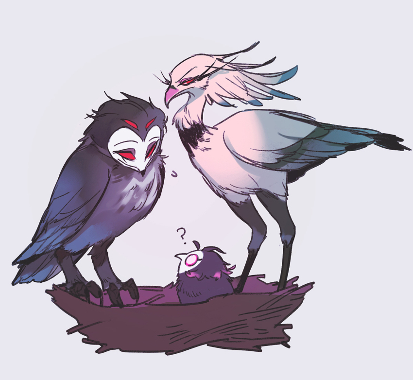 animalization, bird, colored_sclera, extra_eyes, family, hellaverse, helluva_boss, nest