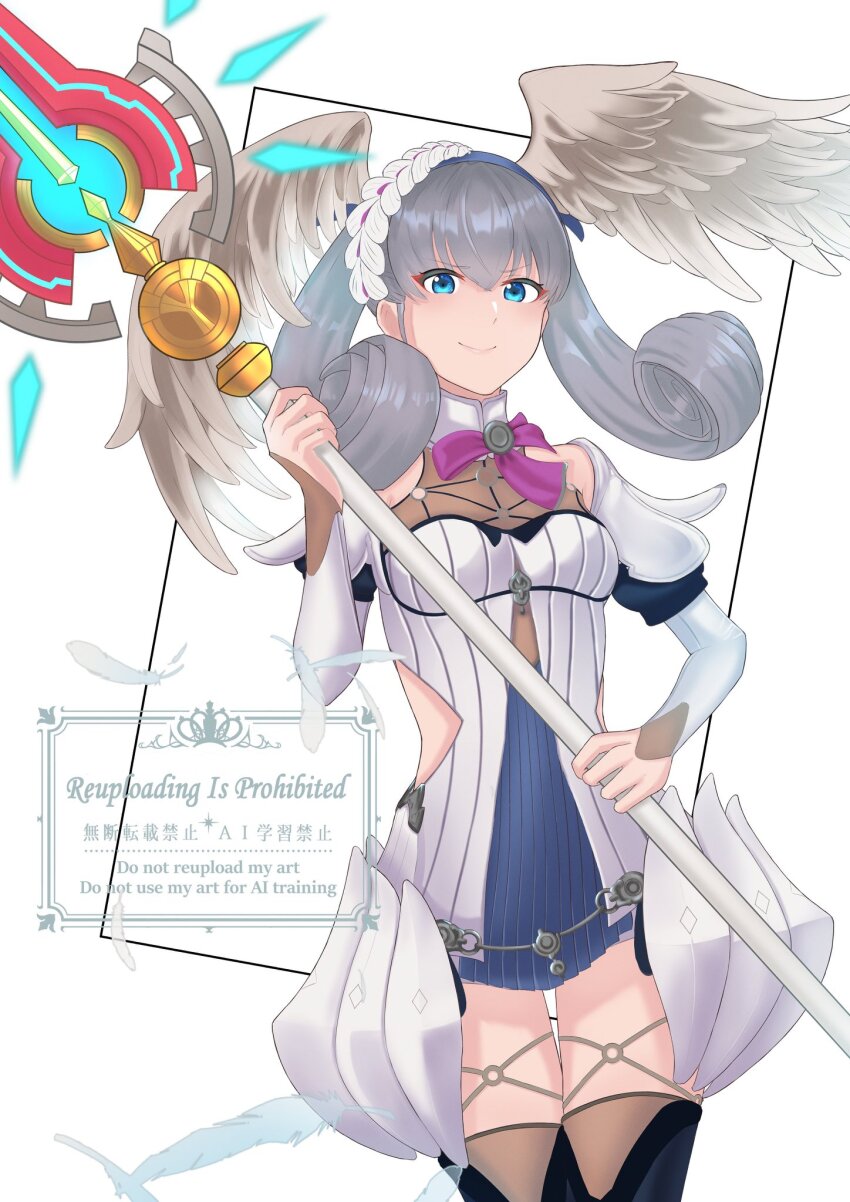 1girl, blue_eyes, closed_mouth, curly_hair, falling_feathers, feathers, grey_hair, head_wings