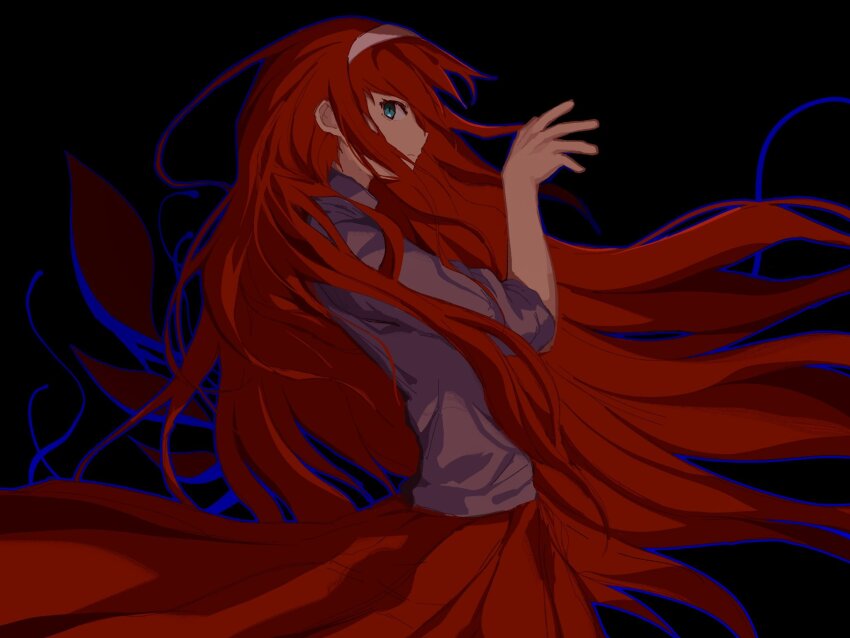 black_background, blue_eyes, highres, long_skirt, looking_at_viewer, profile, purple_shirt, red_hair