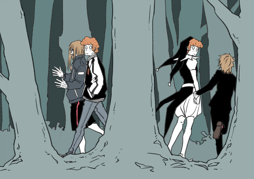 4boys, aged_up, black_jacket, brown_hair, commentary_request, dual_persona, forest, freckles