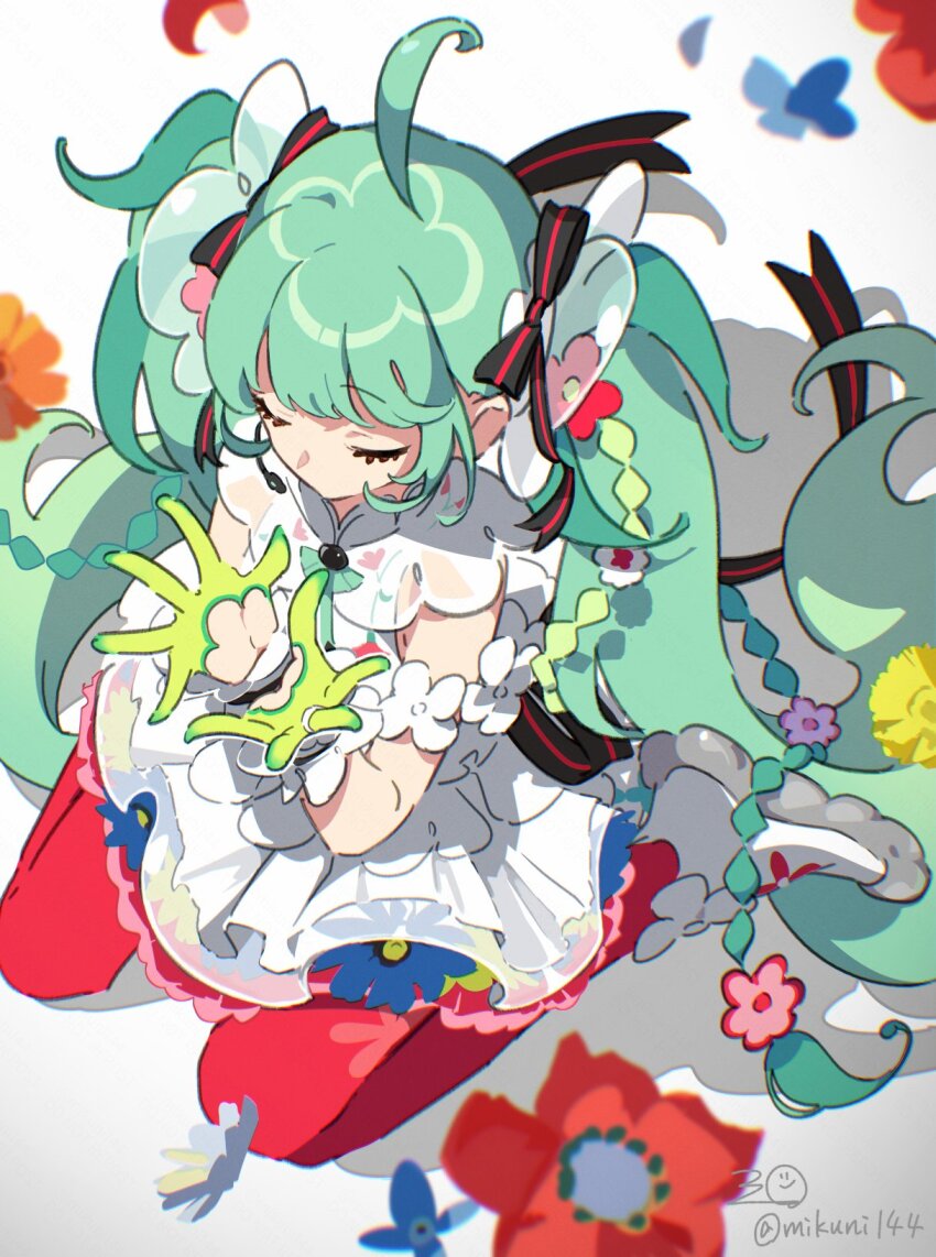 1girl, ahoge, closed_eyes, clothing_cutout, dress, from_above, glove_cutout, gloves