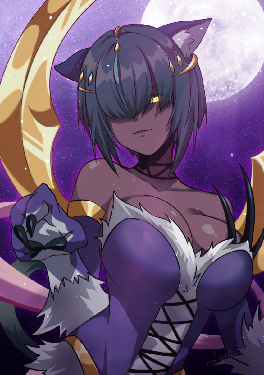 1girl, absurdres, animal_ear_fluff, animal_ears, bare_shoulders, black_hair, breasts, dark-skinned_female