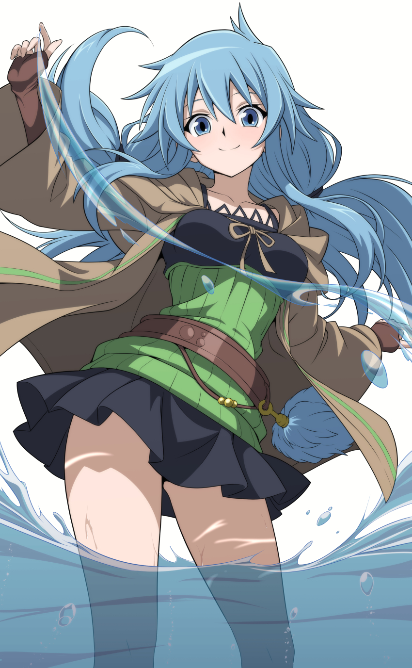 1girl, absurdres, black_skirt, blue_eyes, blue_hair, brown_coat, brown_gloves, closed_mouth