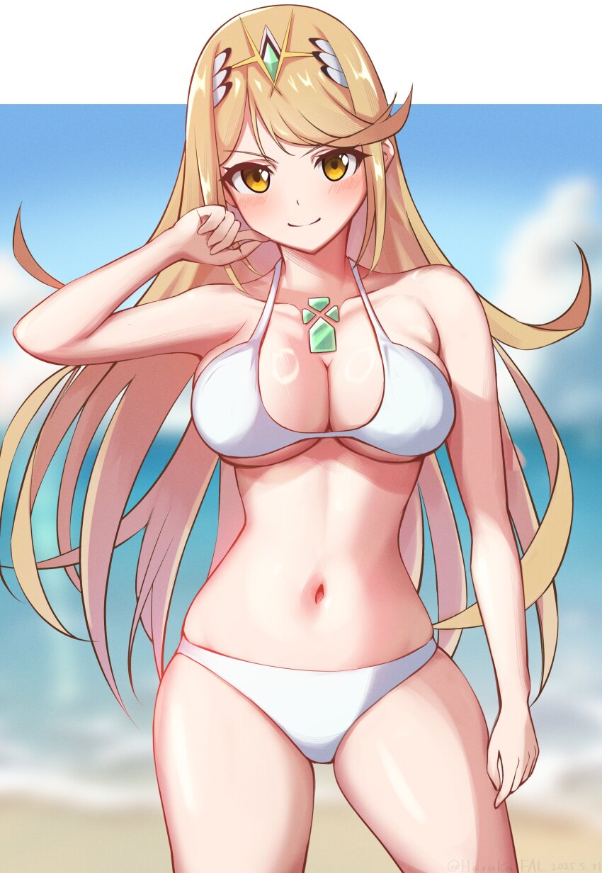 1girl, absurdres, beach, bikini, blonde_hair, blurry, blurry_background, chest_jewel