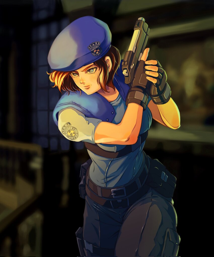 1girl, beret, beretta_92, black_gloves, blue_eyes, blue_hat, blue_shirt, brown_hair