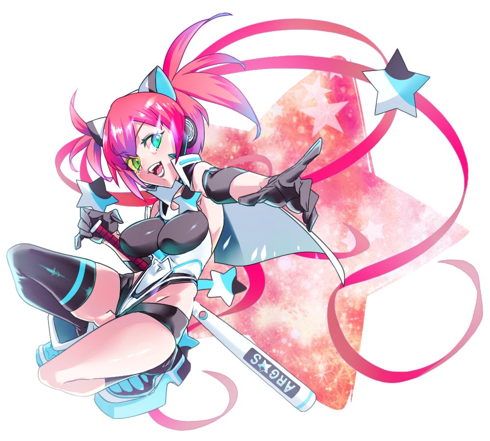 1girl, argostars_-_fierce_parthe, bare_shoulders, baseball_bat, black_boots, black_gloves, black_shorts, black_thighhighs