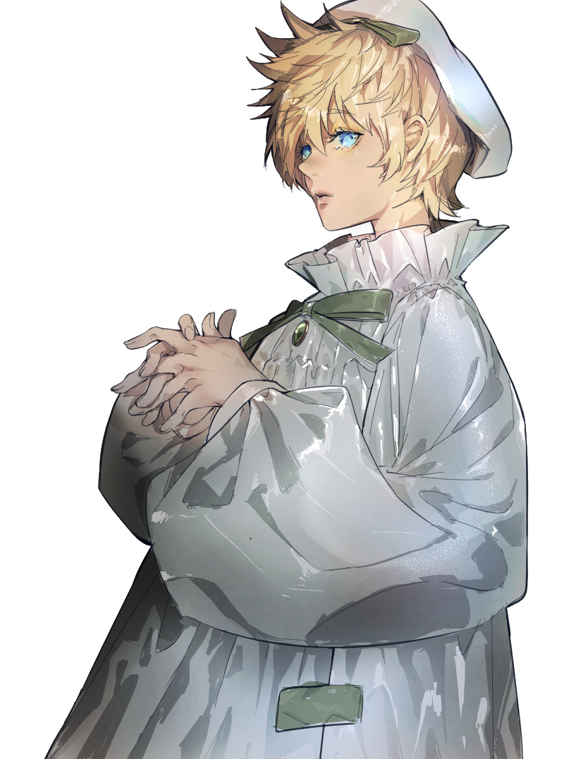 1boy, alternate_costume, blonde_hair, blue_eyes, collar, commentary, cowboy_shot, eyelashes