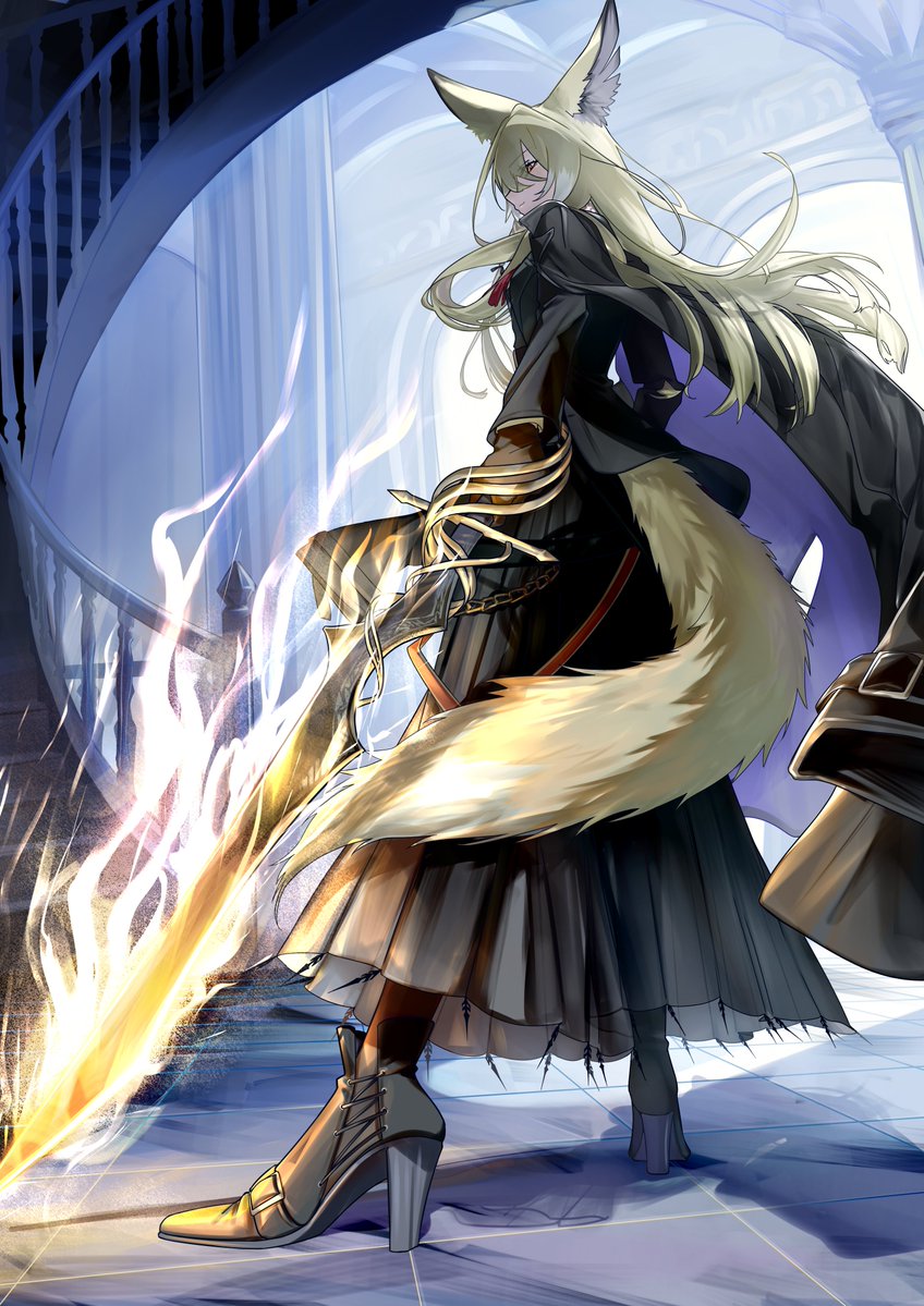 1girl, animal_ear_fluff, animal_ears, arknights, black_coat, black_jacket, black_shoes, black_skirt, black_socks, blonde_hair, brown_gloves, closed_mouth, coat, fire, flaming_sword, flaming_weapon, fox_ears, fox_girl, fox_tail, from_behind, from_below, furiwo, gloves, high_heels, holding, holding_sword, holding_weapon, jacket, long_skirt, looking_at_viewer, orange_eyes, pleated_skirt, shoes, skirt, socks, solo, sword, tail, vulpisfoglia_(arknights), weapon