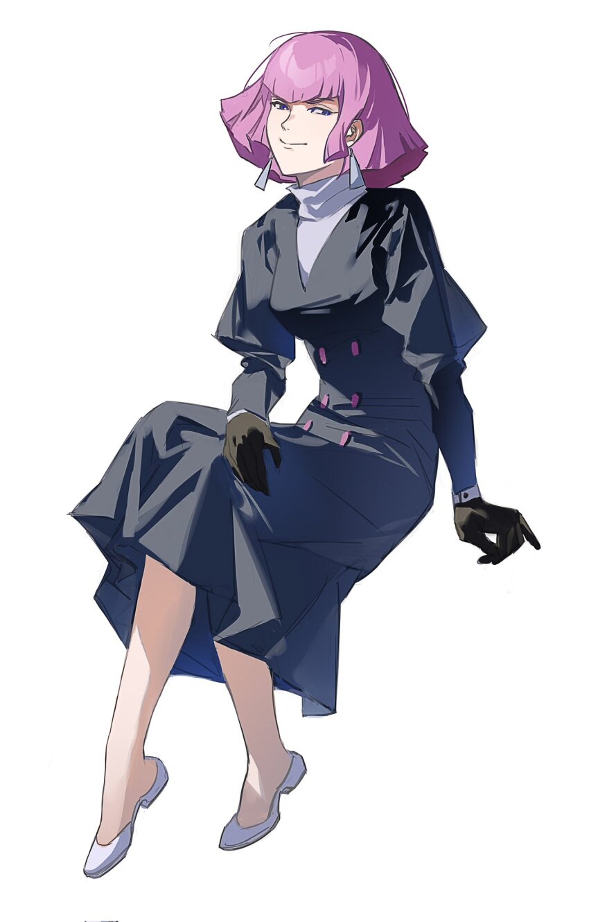 1girl, black_dress, black_gloves, blue_eyes, blunt_sidelocks, breasts, buttons, closed_mouth, coat_dress, collared_shirt, double-breasted, dress, earrings, erhuazi917, flats, flipped_hair, full_body, gloves, gundam, haman_karn, hand_on_own_leg, high_collar, highres, invisible_chair, jewelry, juliet_sleeves, knees_together_feet_apart, long_sleeves, looking_to_the_side, medium_breasts, medium_dress, neo_zeon, pink_hair, puffy_sleeves, shirt, short_hair, sidelocks, simple_background, sitting, smile, solo, v-bangs, v-neck, white_background, white_shirt, zeta_gundam