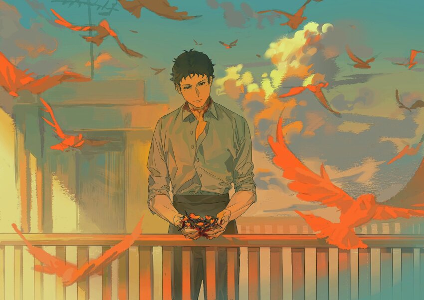 1boy, animal, bird, black_pants, blood, blood_on_clothes, blood_on_hands, blood_on_neck