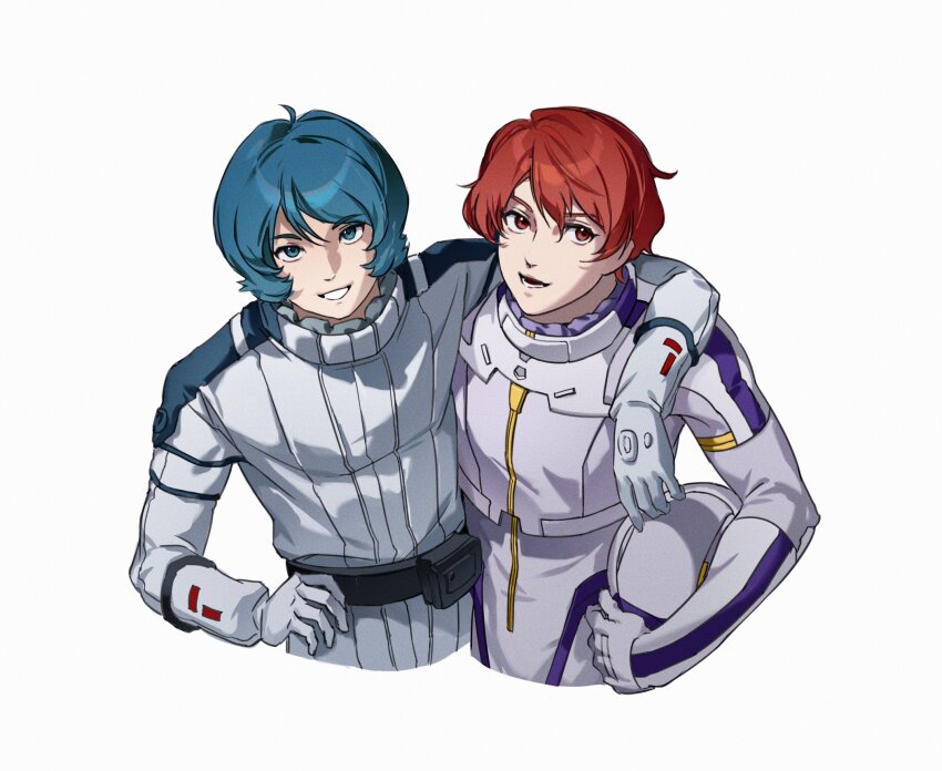 2boys, :d, ahoge, arm_around_shoulder, belt, belt_pouch, black_belt, blue_eyes