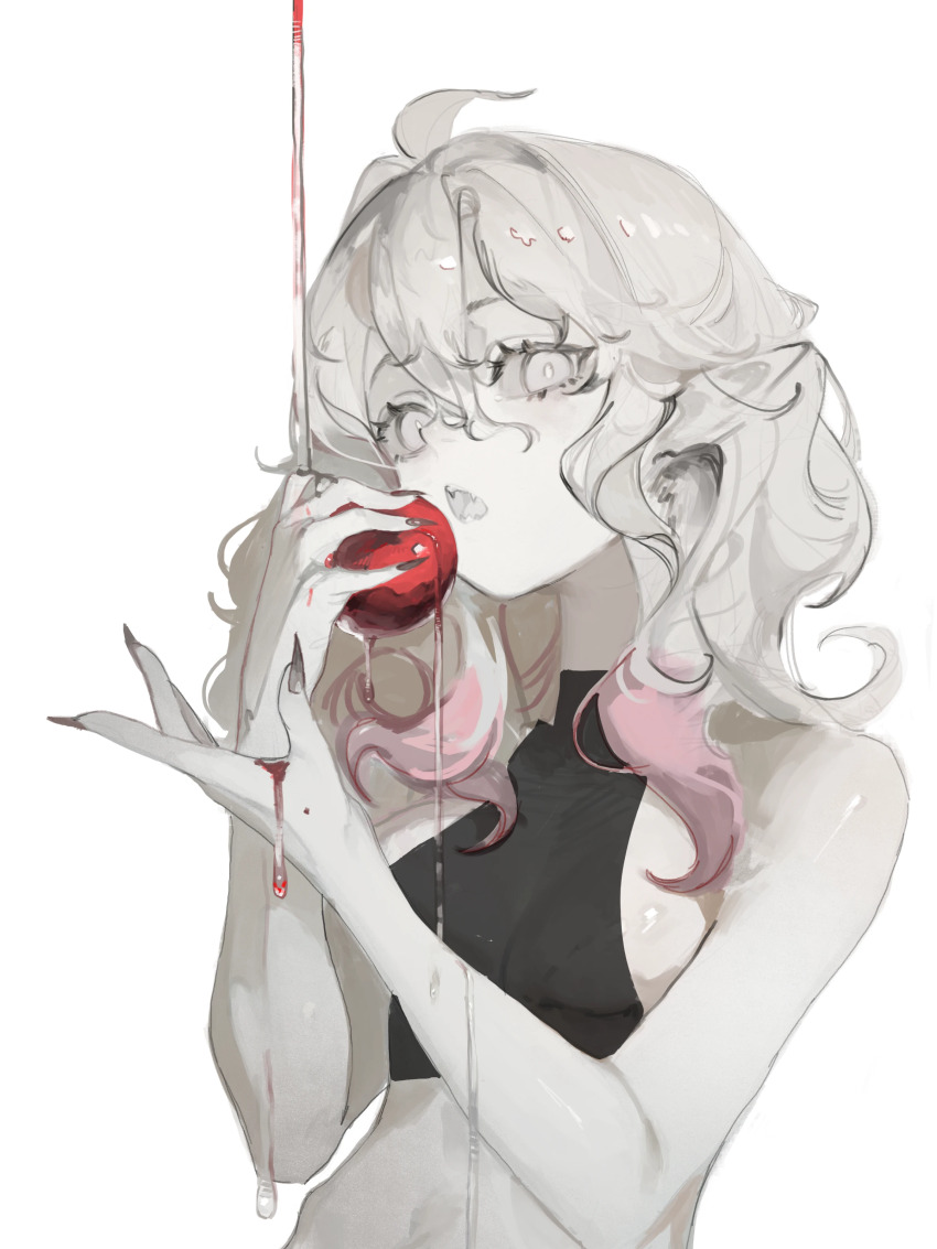 1girl, absurdres, ahoge, apple, bare_shoulders, black_collar, briar_(league_of_legends), collar