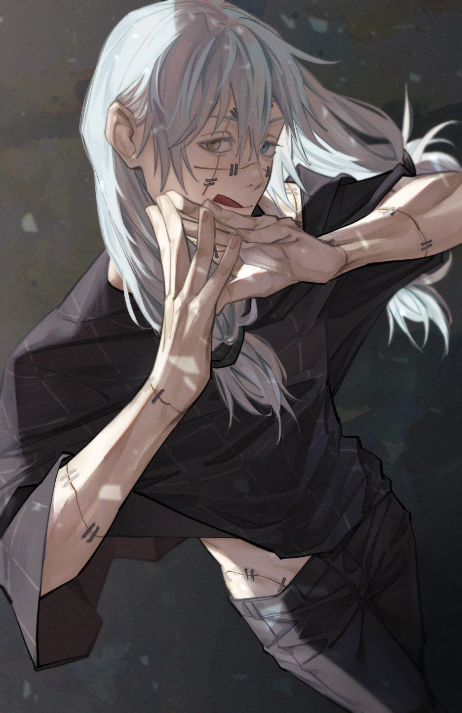 1boy, :d, arms_up, black_pants, black_shirt, blue_eyes, commentary_request, cursed_spirit_(jujutsu_kaisen)