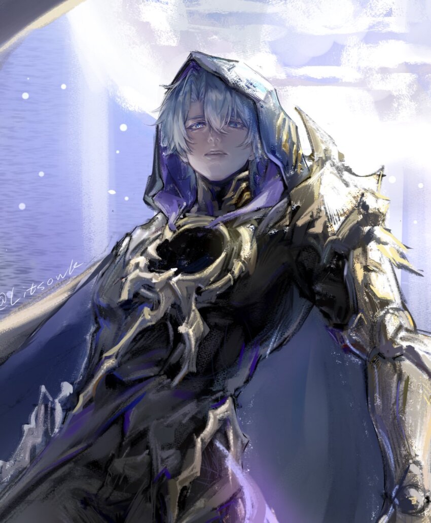 1boy, black_cloak, black_pants, black_shirt, blue_eyes, chinese_commentary, cloak, commentary_request, flame_reaver_of_the_deepest_dark, hair_between_eyes, highres, honkai:_star_rail, honkai_(series), hood, hood_up, hooded_cloak, litsowk0727, looking_down, male_focus, moon, pants, phainon_(honkai:_star_rail), shirt, short_hair, solo, twitter_username, white_hair