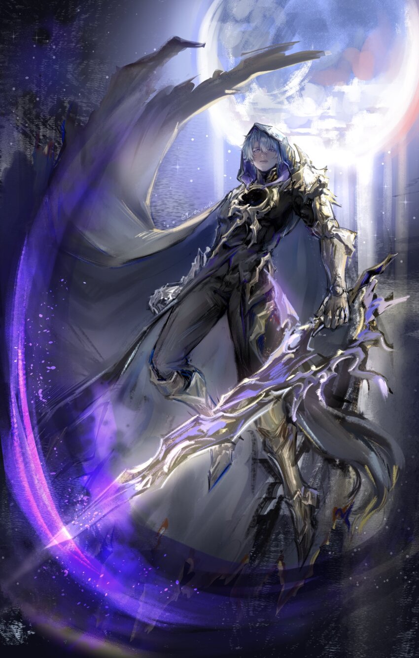 1boy, armored_boots, black_cloak, black_pants, black_shirt, blue_eyes, boots, chinese_commentary, clawed_gauntlets, cloak, commentary_request, flame_reaver_of_the_deepest_dark, floating_cape, hair_between_eyes, highres, holding, holding_sword, holding_weapon, honkai:_star_rail, honkai_(series), hood, hood_up, hooded_cloak, litsowk0727, looking_down, male_focus, moon, pants, phainon_(honkai:_star_rail), shirt, short_hair, solo, sword, twitter_username, weapon, white_hair