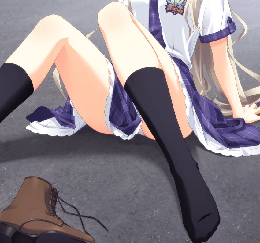 1girl, arm_support, bare_hips, black_socks, boots, brown_boots, chaos;head, chaos;head_love_chu_chu!