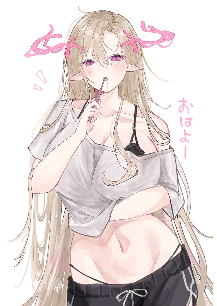 1girl, black_bra, blonde_hair, bra, bra_strap, breasts, brushing_teeth, collarbone, dolphin_shorts, drooling, highres, holding, holding_toothbrush, huge_breasts, light_blush, long_hair, looking_at_viewer, lucifer_(monster_strike), midriff, monster_strike, navel, nuu_monst, open_mouth, pink_eyes, pointy_ears, shirt, shorts, simple_background, single_bare_shoulder, solo, toothbrush, underwear, very_long_hair, white_background, white_shirt