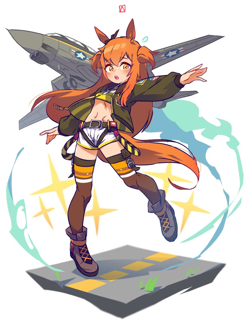 1girl, absurdres, aircraft, airplane, animal_ears, blush, bomber_jacket, bow