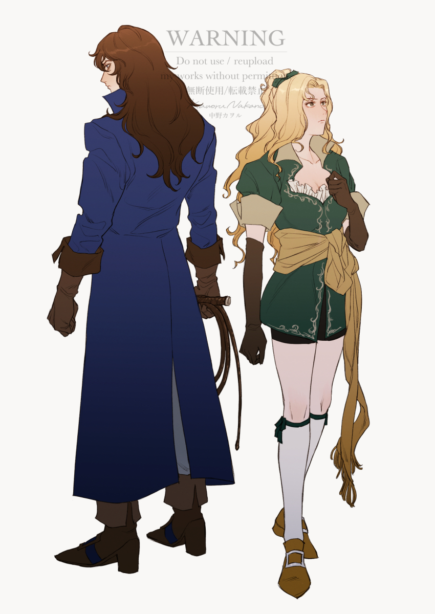 1boy, 1girl, bike_shorts, black_shorts, blonde_hair, blue_coat, boots, breasts, brown_boots, brown_hair, brown_shoes, castlevania:_symphony_of_the_night, castlevania_(series), cleavage, coat, commentary_request, elbow_gloves, frown, gloves, hashtag-only_commentary, high_ponytail, highres, kneehighs, long_coat, long_hair, maria_renard, nakano_kaworu, ponytail, richter_belmont, shoes, shorts, small_breasts, socks, watermark, wavy_hair, weapon, white_socks